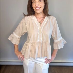 NWT Crochet Trim Linen Babydoll Peplum Top Large
